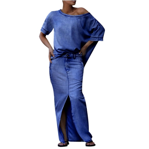 Drses‌‌ ‌‌‌‌‌‌‌‌‌‌‌‌‌‌‌‌‌‌‌‌‌‌‌‌‌‌‌‌‌‌‌‌Women's Summer Elegant Short Sleeve Skirt Set - Round Neck Top & Slit Maxi Two-Piece