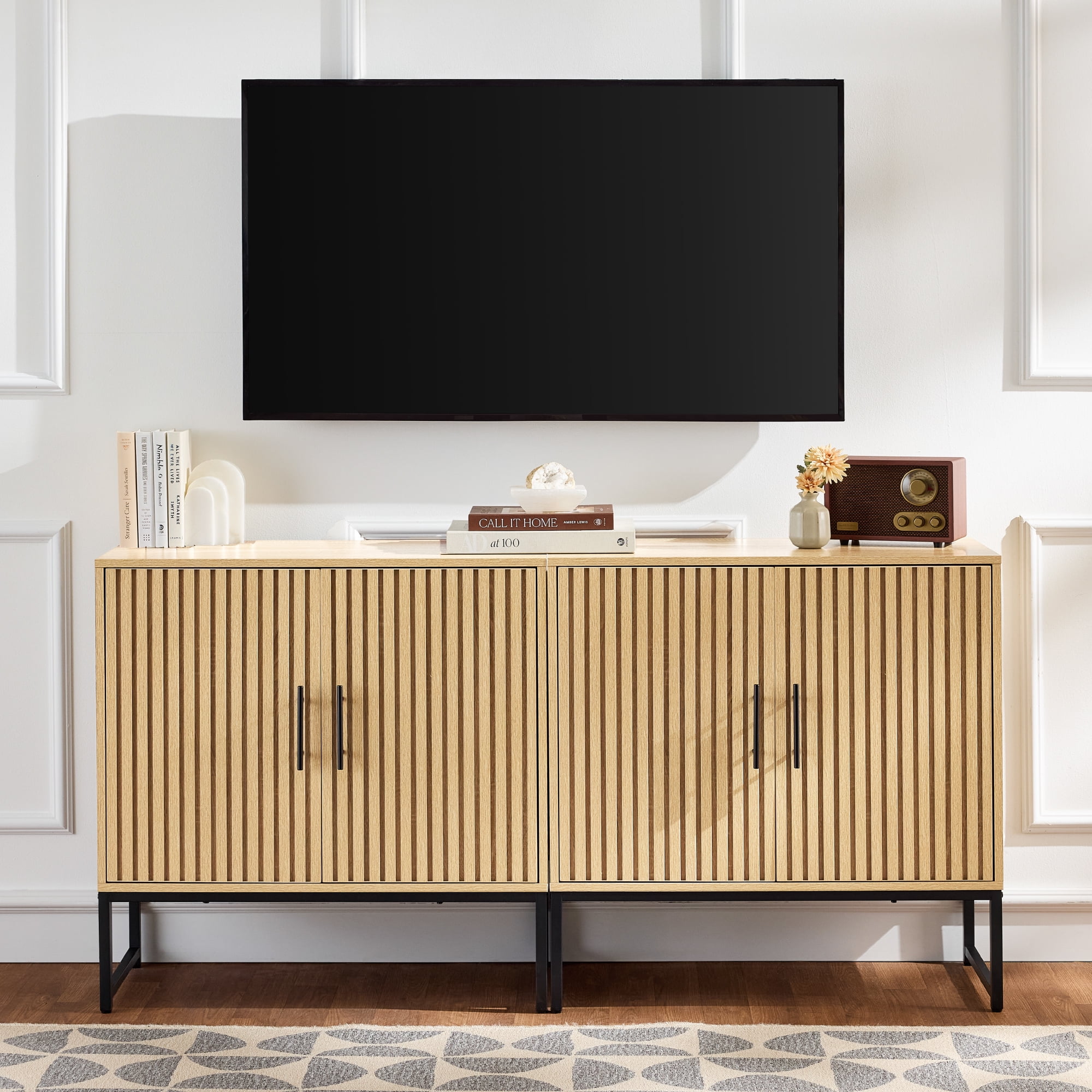 Best Choice Products 2-Door Slatted   Storage Cabinet, Accent Furniture w/ Non-Scratch Foot Pads - Natural