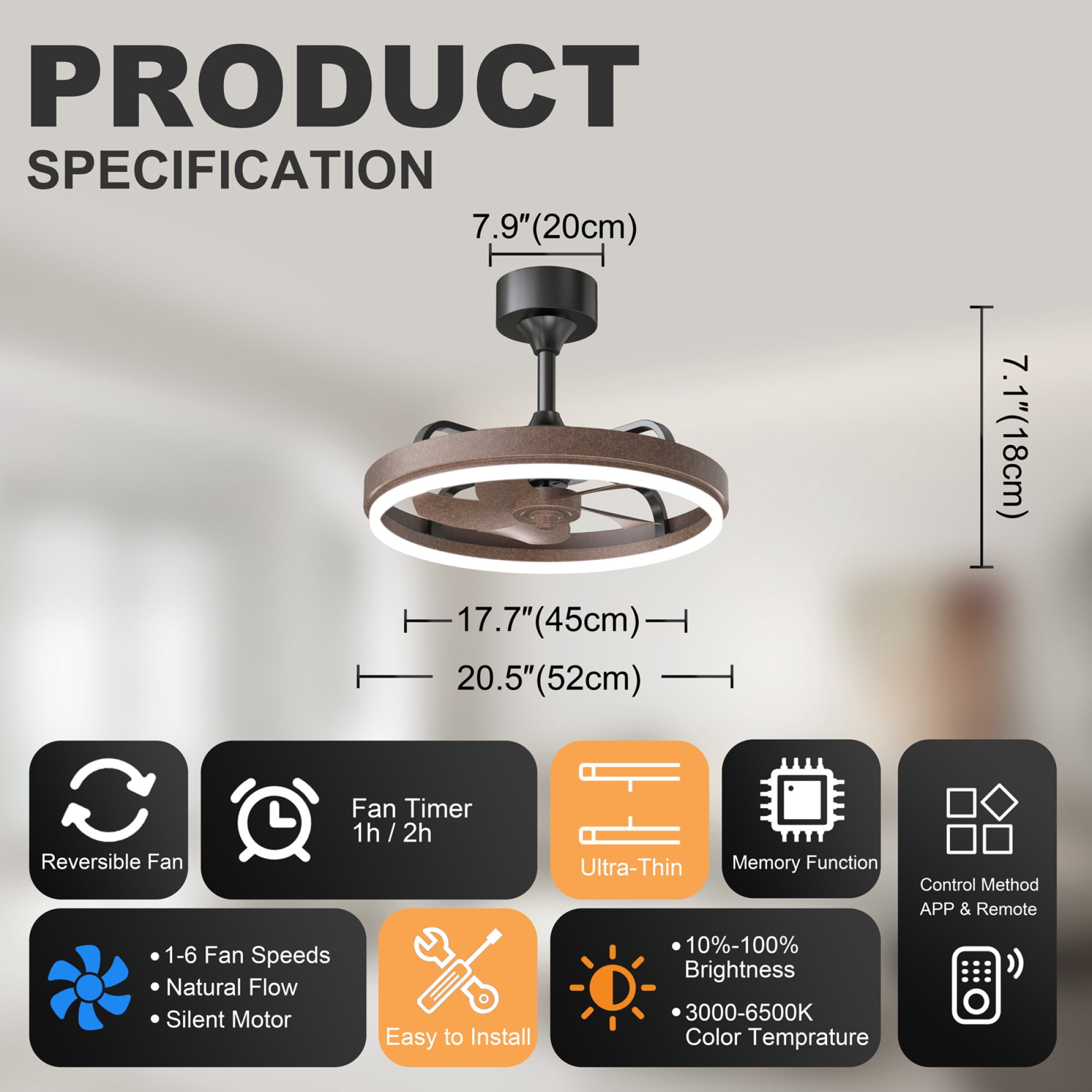Leumius 20.5" Rustic Brown Ceiling Fans with Lights Remote & APP Control, Downrod Mount Dimmable LED Fandelier, 6 Speeds Quiet DC Motor, Modern Ceiling Fan for Bedroom Living Room