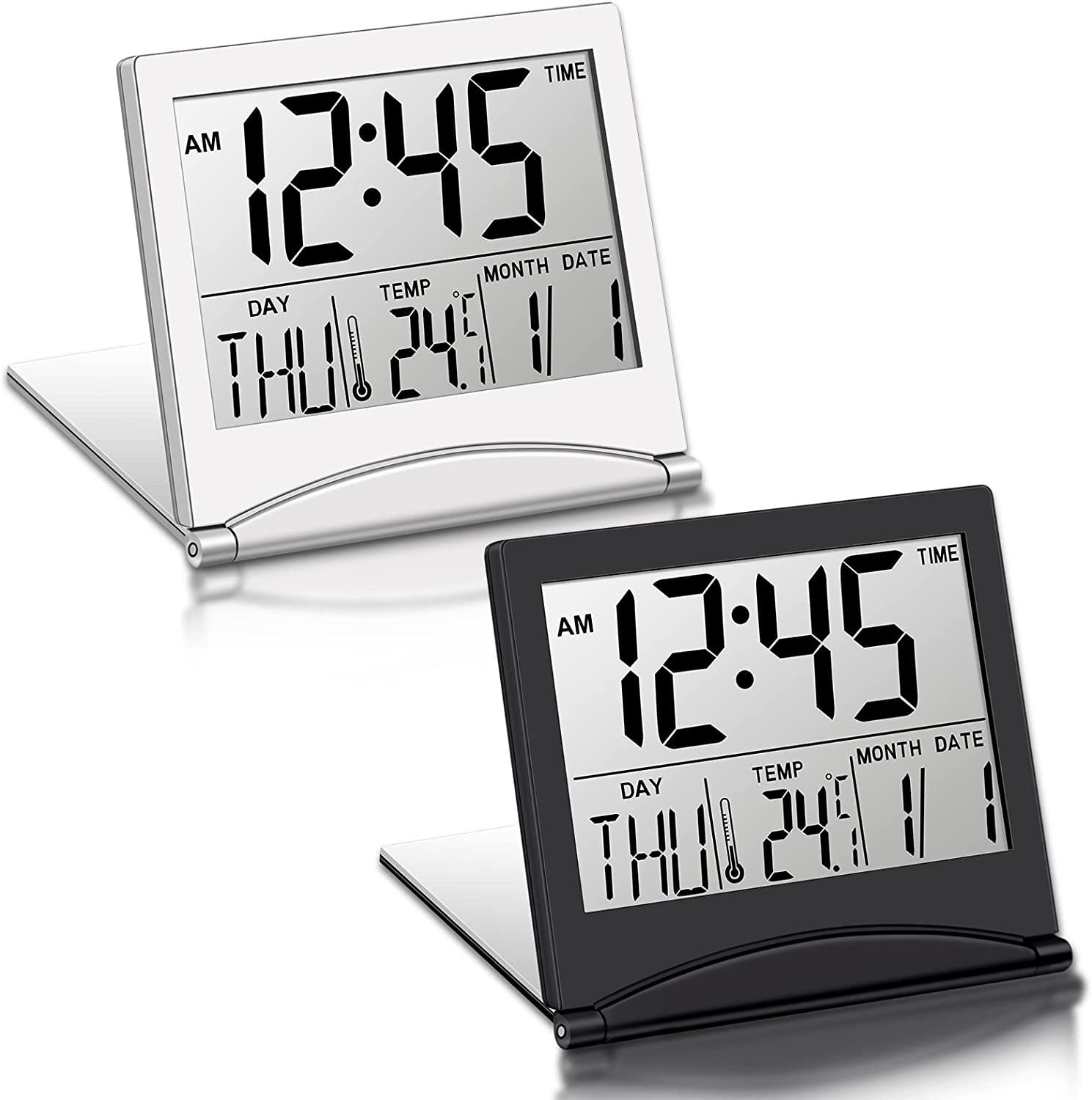 2 Pieces Digital Travel Alarm Clock Battery Operated Foldable LCD Clock