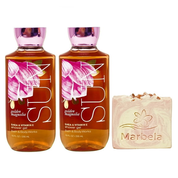 Bath & Body Works Golden Magnolia Sun 2 Pack Shower Gel Bundle with a Himalayan Salts Springs Bar Soap