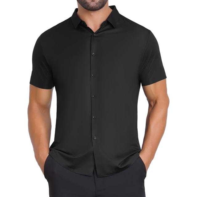 CAMISAS DE NEGOCIO DE MANGA CORTA DE COLOR SÓLIDO PARA HOMBRES CON CUELLO PUNTA Y BOTONES XL NEGRO BRILLANTE