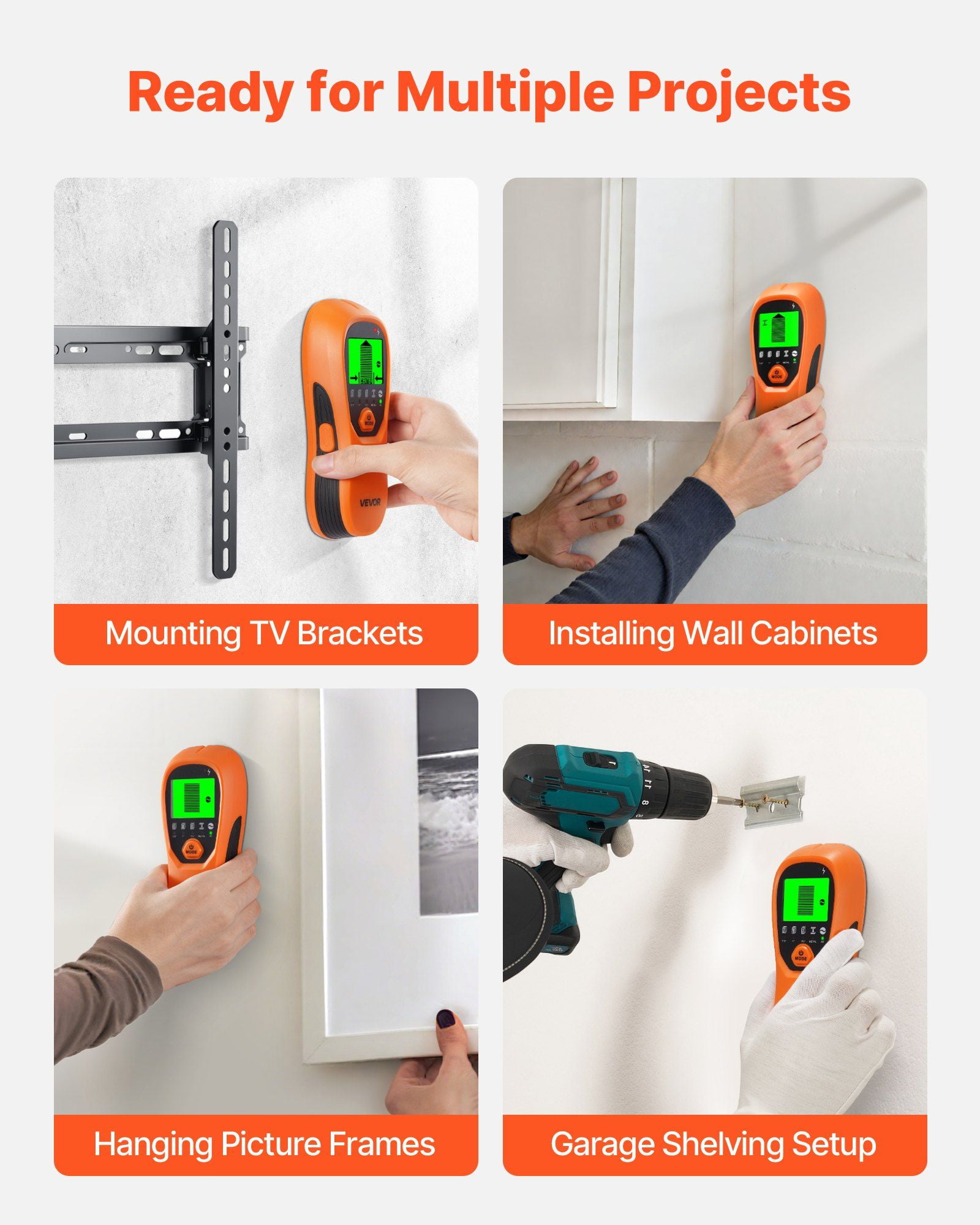 5 in 1 Electronic Wall Stud Detector with Smart Sensor HD LCD Display Audio Alarm for Metal AC Wire Joists Pipes Center Edge Detection Orange