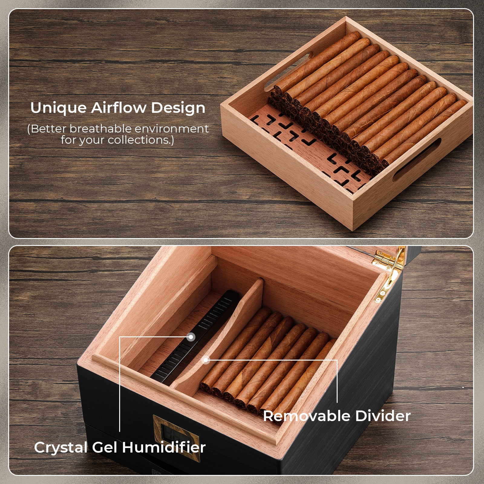 GLENCREAG FT-2042 Cigar Humidor Box for 55 to 85 Counts, See-Through Design with Spanish Cedar Lining & Divider, Digital Hygrometer, Accessory Drawer & Humidifier, Gift for Cigar Lovers (Ebony)