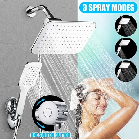 Dual Shower Head Combo,10inch Handheld High Pressure Rainfall Showerhead, with 5ft Stainless Steel Hose,Square Shower Head,Silver Chrome
