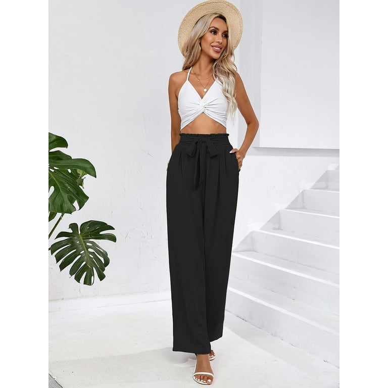 Chiclily Women's Belted Wide Leg Pants with Pockets Lightweight High Waisted  Adjustable Tie Knot Loose Trousers Flowy Summer Beach Lounge Pants, US Size  XL in Black 