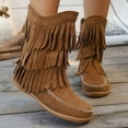 thumbnail image 3 of Rokment Boho Fringe Wide Calf Riding Boots for Women Fall Winter Bohemian Fashion Casual Suede Tassel Flat No Heel Mid Calf Cowgirl Dress Booties Brown Size 7, 3 of 7