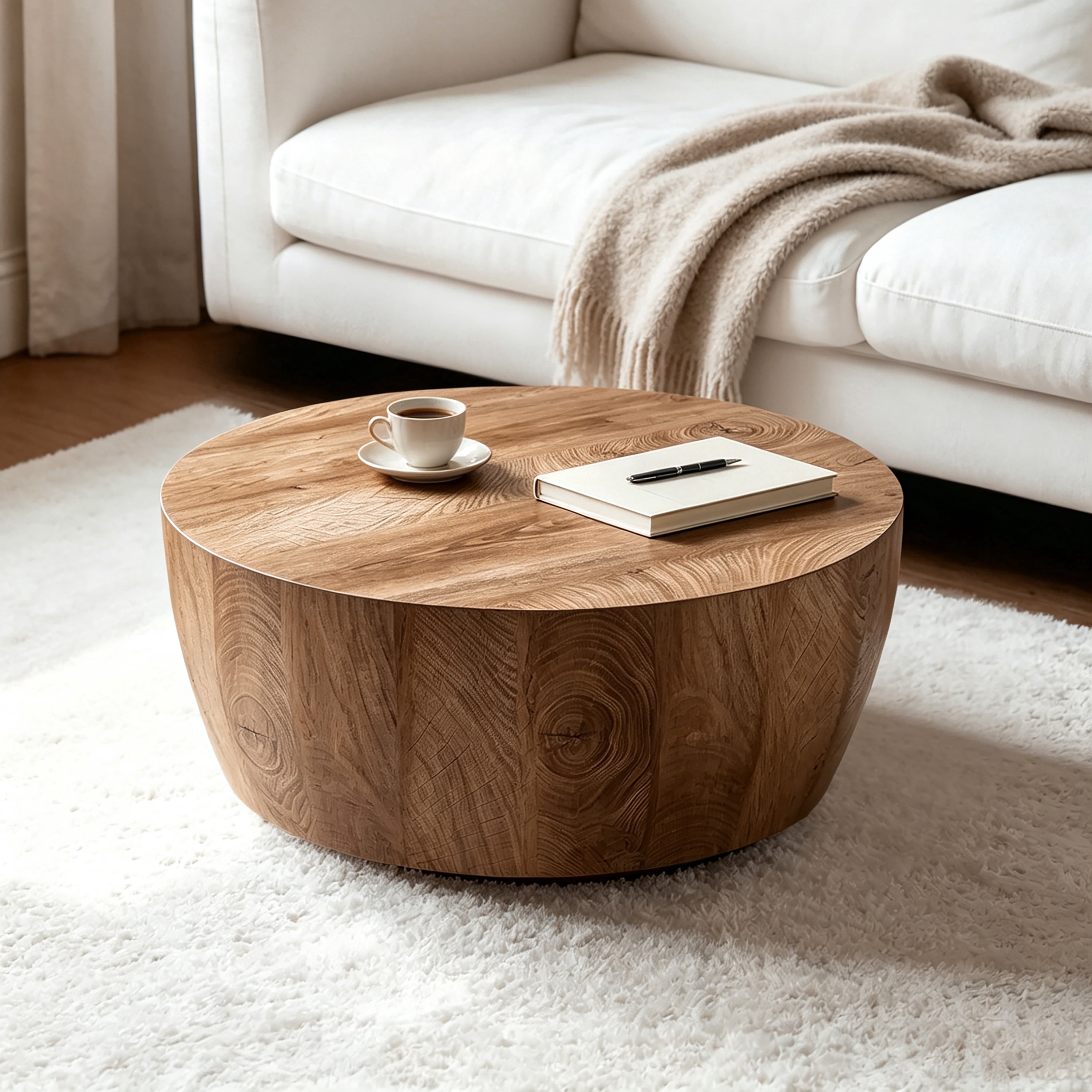 CasaGlajore Round Drum Coffee Table In Natural Finish, Round Coffee Table Made Of High-Quality MDF, Fully Assembled Living Room Table