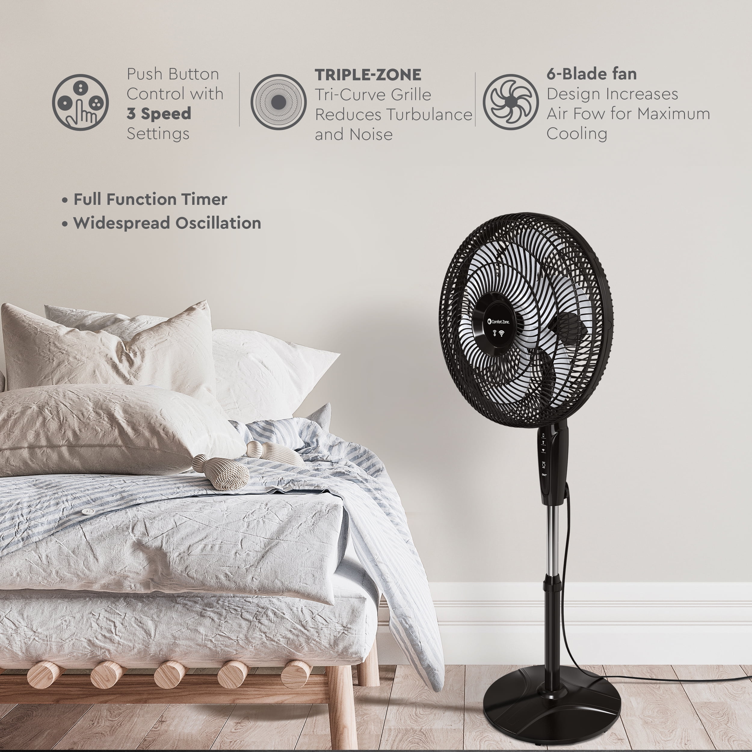 Comfort Zone 18 in. Oscillating Stand Fan, Adjustable Height, Tilt, Wi-Fi