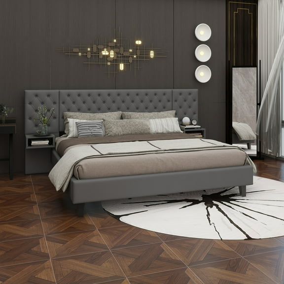 King Size Platform Bed with Headboard, Modern Velvet Upholstered Platform Bed with 2 Nightstands, with diamond tufted, Grey