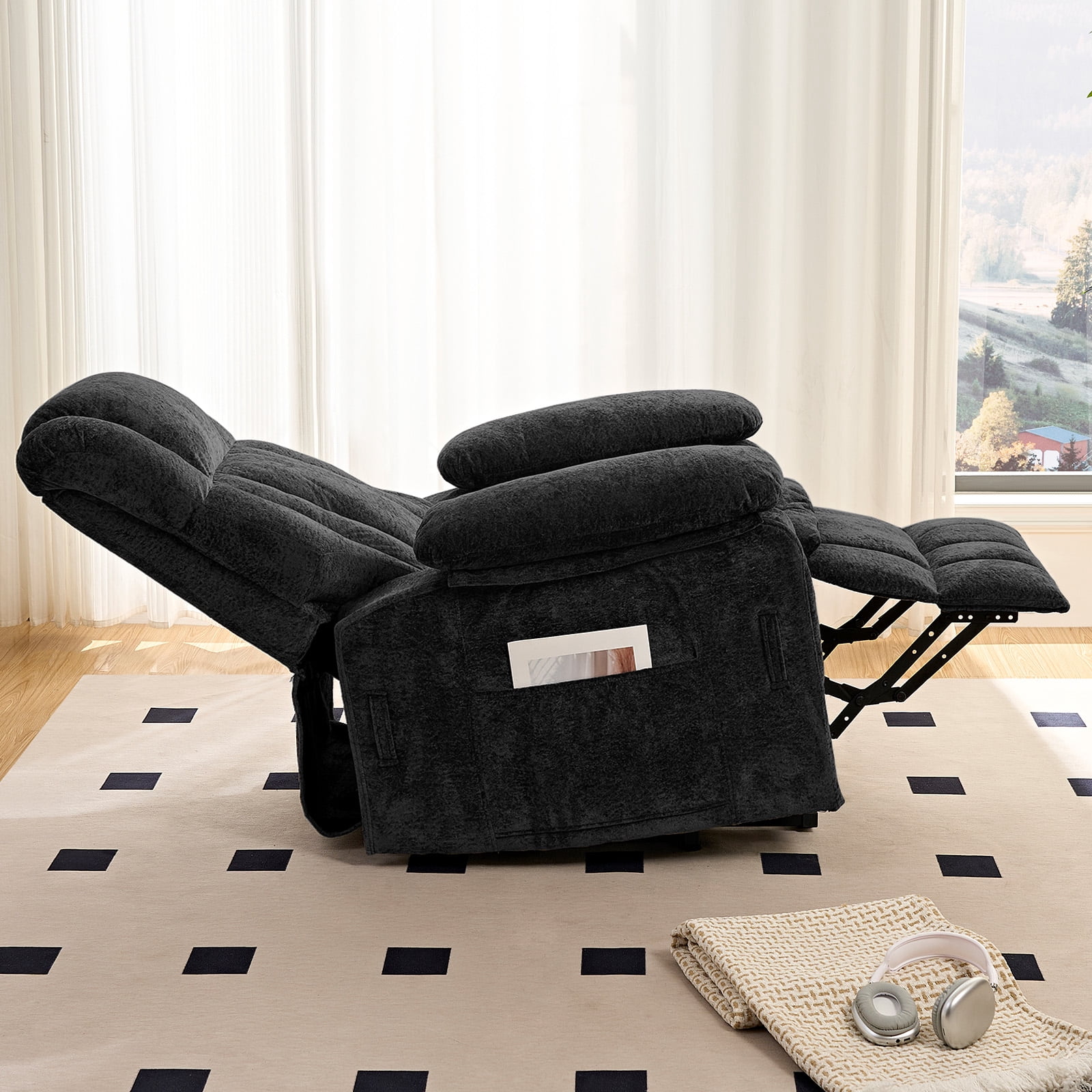 BALUS Oversized Power Lift Recliner with Dual Motor for Elderly, Velvet Arm Chair with Heat and Massage for Living Room, Black