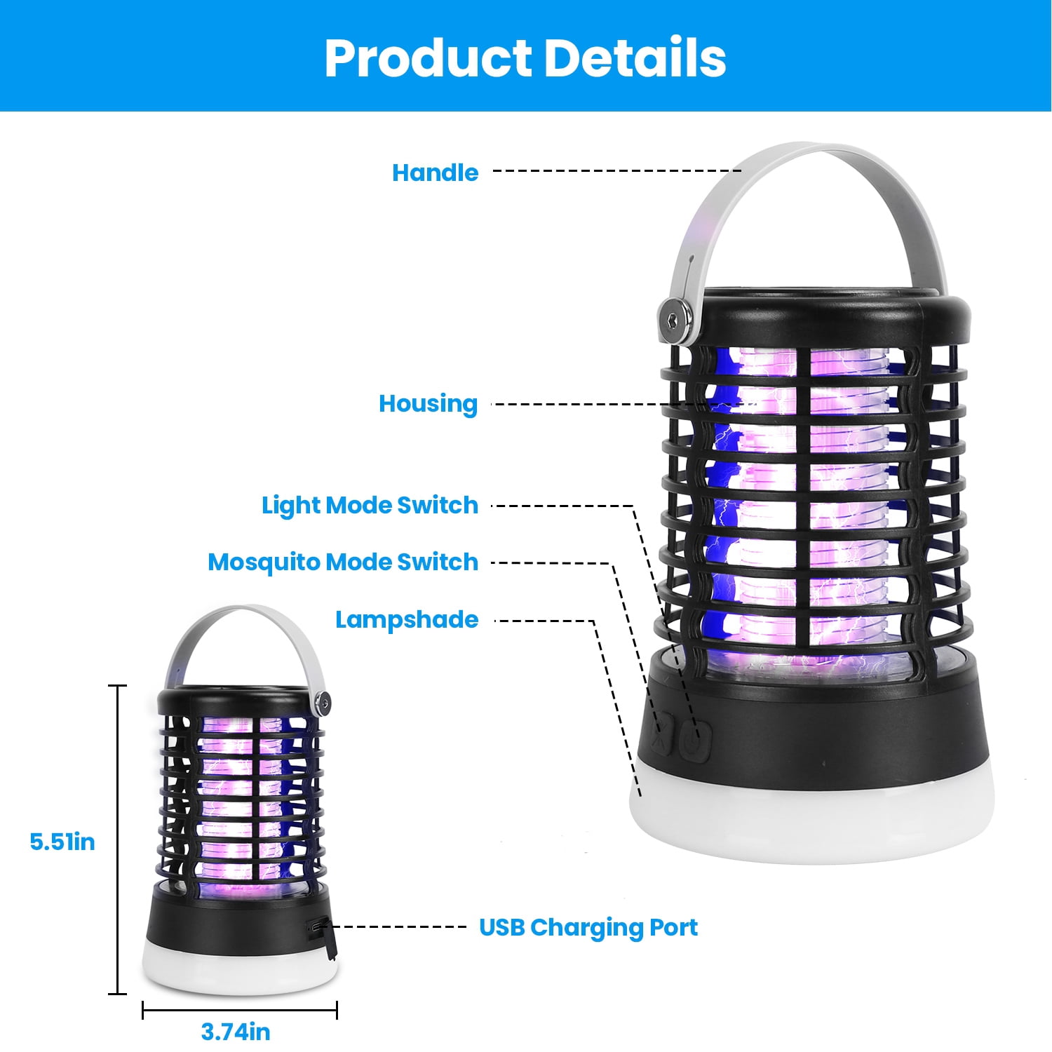 iMounTEK Mosquito Control Fly Light Portable Rechargeable Bug Zapper Triple Lighting Modes Waterproof, Black