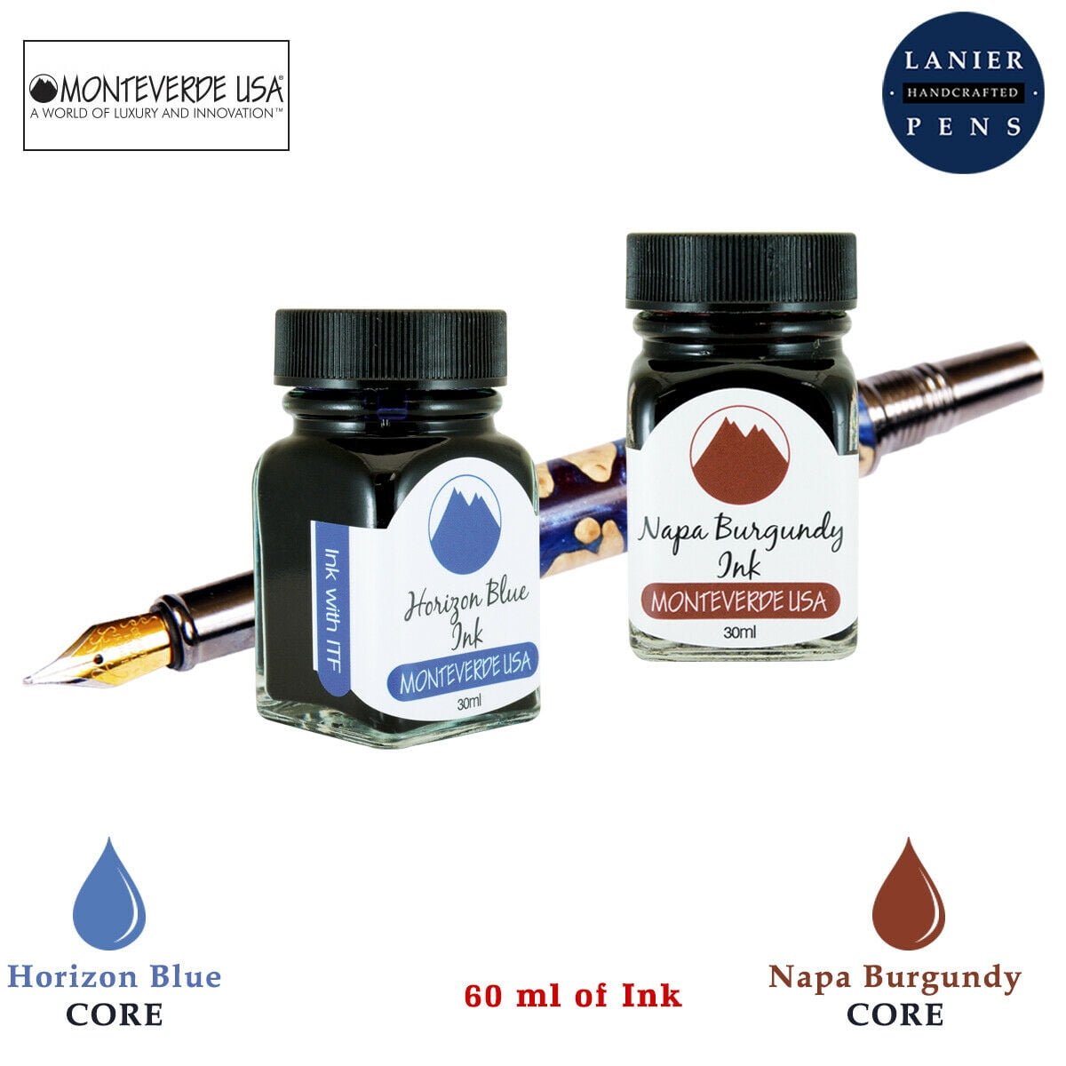 Monteverde 60ml Core Fountain Pen Ink Bottle (30ml Horizon Blue Ink Bottle G309HB, 30ml Napa Burgundy Ink Bottle G309NB)