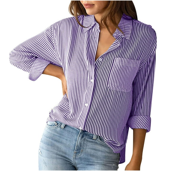 cfhntfmh Fall Shirts for Women Casual Long Sleeve Collared Buttons down Blouses Lounge Striped Printed Work Tops