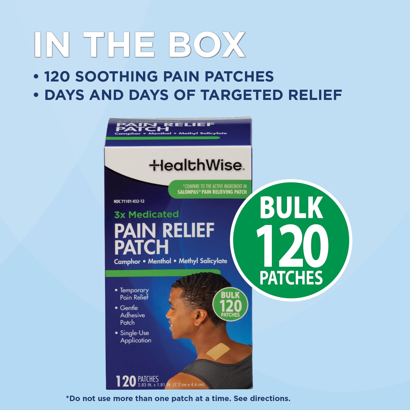 HealthWise Targeted Pain Relief Medicated Patch | Neck, Shoulder, Small Areas | 120-Count | 2.83” x 1.81” | Topical Analgesic | Camphor, Menthol, Methyl Salicylate | Gentle Adhesive