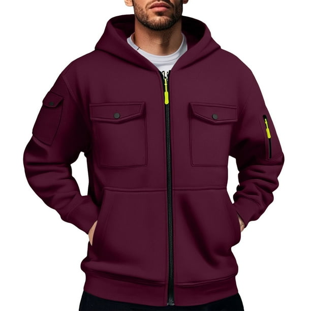 pstuiky camisas de manga larga para hombre, Chaqueta tipo cárdigan con capucha y cremallera de manga larga de color liso para hombre Tops de hombre m
