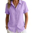thumbnail image 5 of Womens Summer Linen Tops Short Sleeve Button Down Cotton Linen Shirts Lightweight Dressy Blouses Women Soft Lightweight Breathable Shirts Business Office Work Clothes, Purple 2XL, 5 of 7