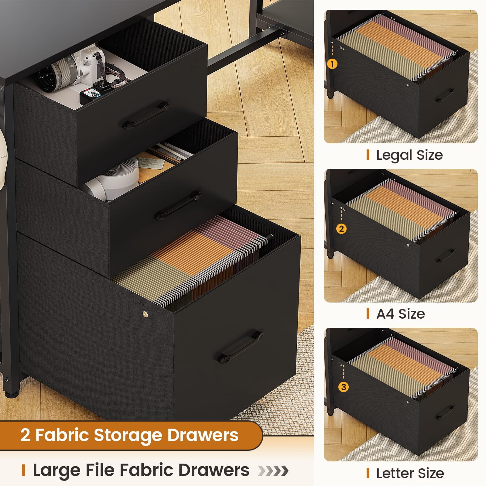 L Shaped Computer Desk with 7-Tier Storage Shelves and Drawers, Reversible Office Desk with Monitor Stand and Hooks, Black