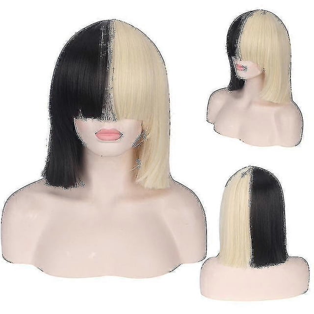This Is Acting Sia Anime Cosplay Wig Synthetic Hair Women Straight Halloween Half Blonde Black Short Bob Wigs With Bangs