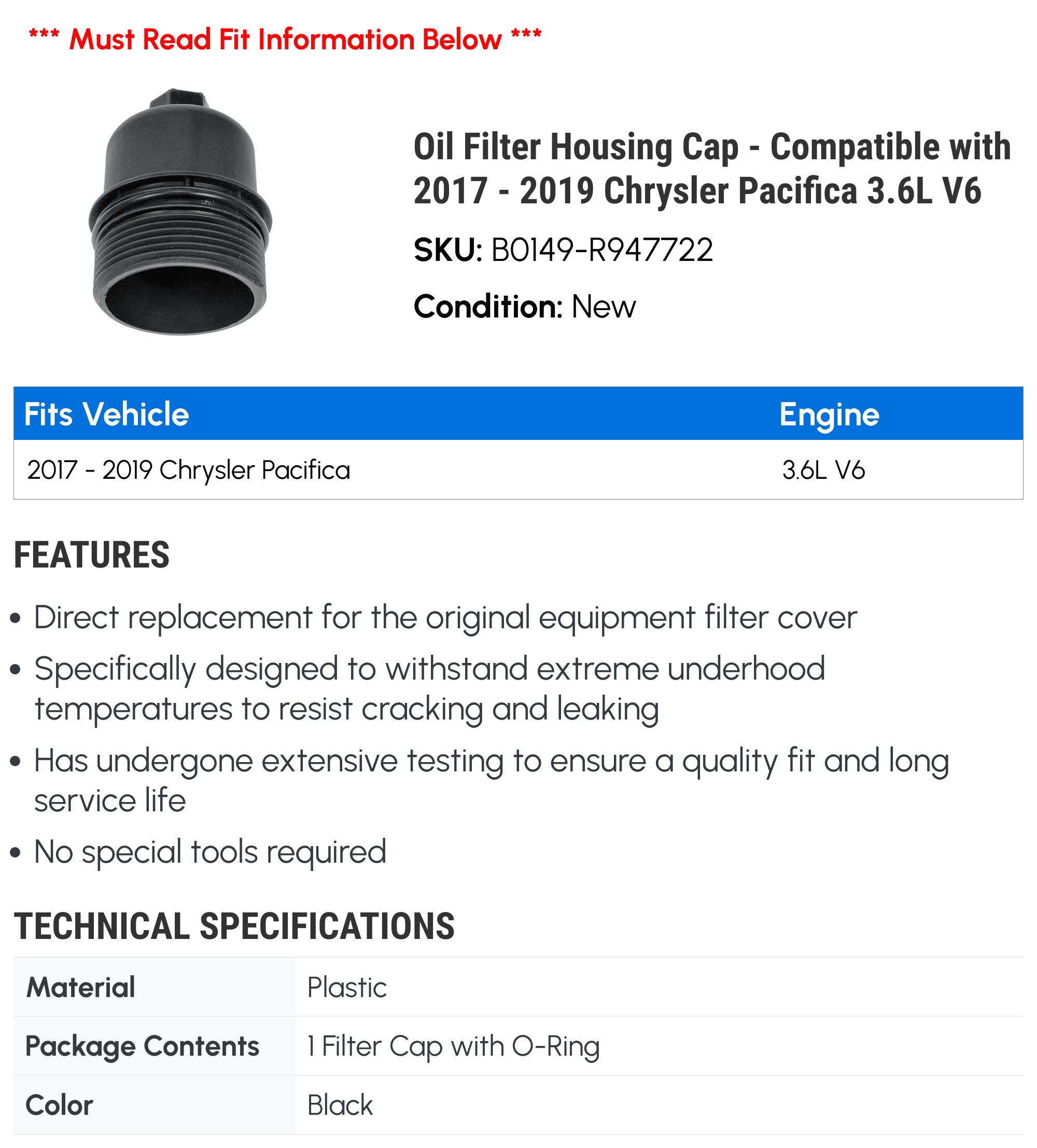 Oil Filter Housing Cap - Compatible with 2017 - 2019 Chrysler Pacifica 3.6L V6 2018