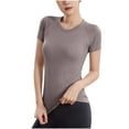 thumbnail image 2 of Htigea Clearance Workout Tops for Women Breathable Loose Fit Yoga T Shirts Short Sleeve Running Gym Athletic Tee Top Brown,M, 2 of 5