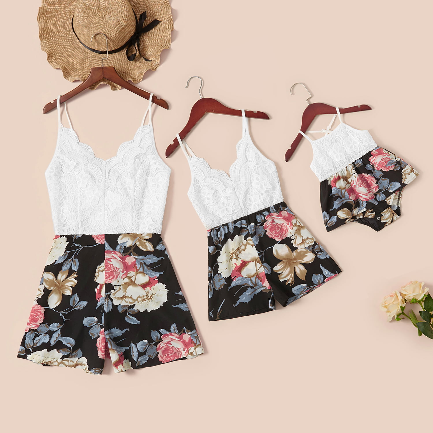 Patpat Lace Stitching Floral Print Tank Rompers for Mommy-girl-baby