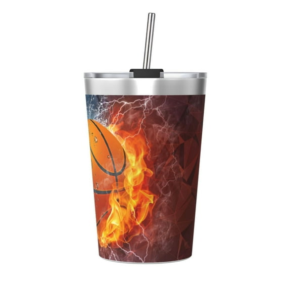 PAYOHTO Basketball Ball Insulated Stainless Steel Tumbler 12 oz Thermos Come with Straw Kids Leak-Proof Travel Mug Cup