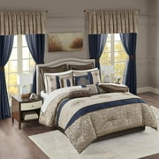 GOURE Essentials Delaney 24-Piece Room In A Bag Comforter Set-Satin Jacquard All Season Luxury Bedding, Sheets, decorative pillows and Curtains, Valance, Cal King(104"x92"), Medallion Navy