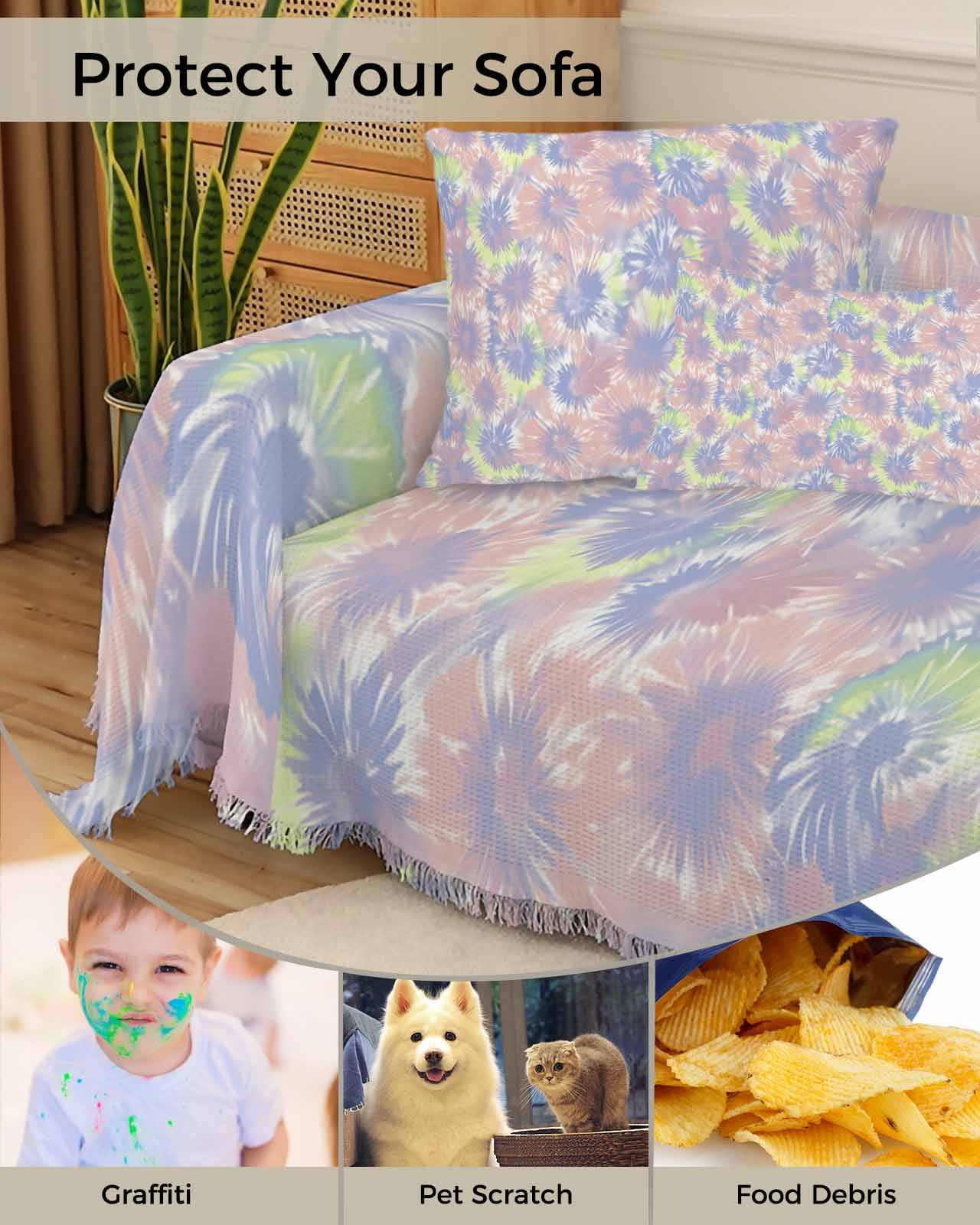 Navy Blue Tie Dye Sofa Couch Covers for Dog,Washable Sofa Throw Cover Single Slipcoverfor Armchair with Tassels,Rainbow Stained Abstract Boho Tribal Art Couch Protector Towel Blanket Medium 71x91
