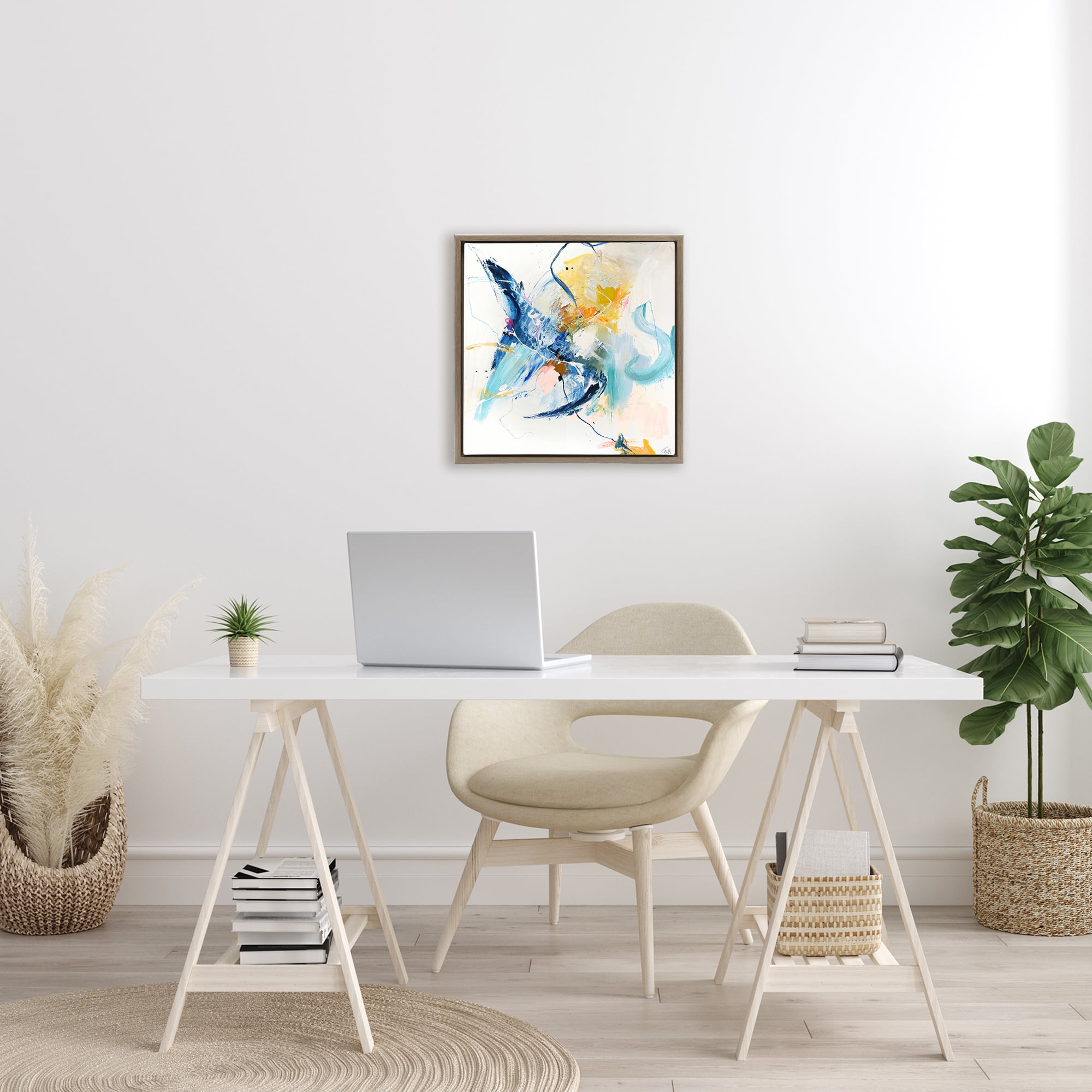 Confident Blue Abstraction Brown Framed Floater Canvas Wall Art, design by Design Fabrikken
