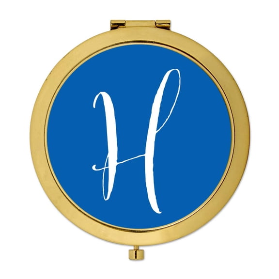 Koyal Wholesale Gold Compact Mirror Bridesmaid's Wedding Gift, Royal Blue, Monogram Letter H, 1-Pack