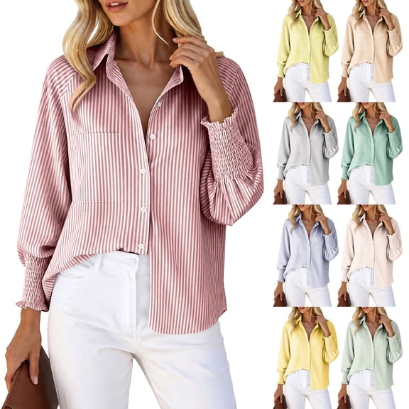 Women's Striped Button Up Shirts with Smocked Long Sleeve Lapel Collar Loose Fit Dressy Casual Trendy Blouses (XL, Pink)