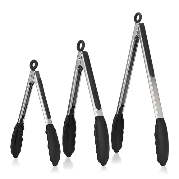 Kitchen Tongs Set of 3 (7/9/12 Inch), 600°F Heat Resistant Silicone Tips, 18/8 Stainless Steel Handle, Non-Stick Cooking Tongs for Grill, Salad, BBQ, Frying - Black