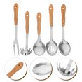 thumbnail image 2 of 5 utensilios de cocina: cucharas, cucharones y tenedores de acero inoxidable con mango de bambú. Antiadherentes y resistentes al calor para acampar en casa., 2 of 5