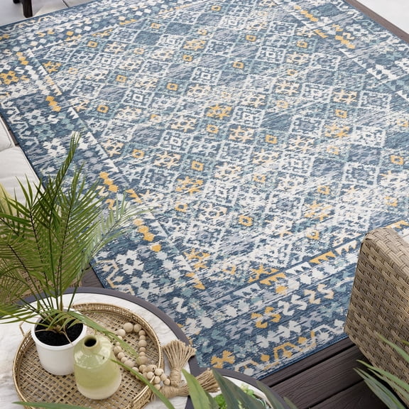 5x7 Water Resistant, Indoor Outdoor Rugs for Patios, Front Door Entry, Entryway, Deck, Porch, Balcony | Outside Area Rug for Patio | Navy, Moroccan | Size: 5'3'' x 7'3''