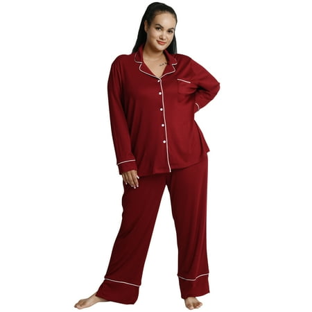 

TWINNIS Women s Plus Size Pajamas Set Button Down Night Shirt Soft Pjs Lounge Sets Red 4XL