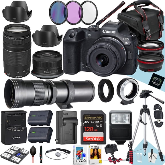 Canon EOS R7 Mirrorless Camera with 18-45mm, 75-300mm and 420-800mm Lens   128 GB Memory   Hood   Monopod   Filters   Tripod   More (35pc Bundle) (International Version)
