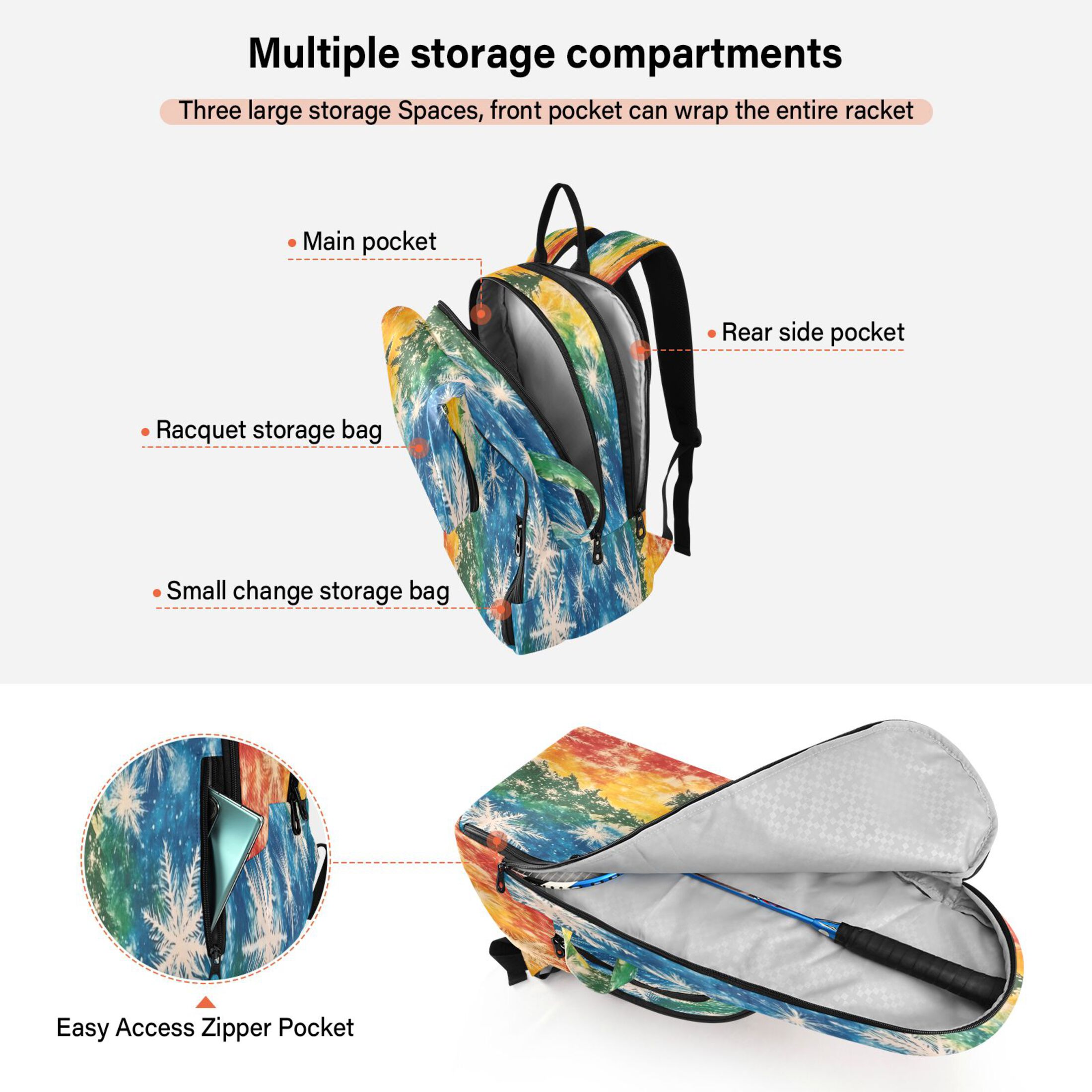 2 Racquet Holder Tennis Backpack Tennis Racket Covers Gym Bags Snowflake Rainbow