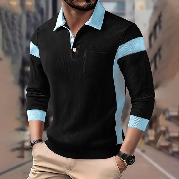 DayScoop Mens T-Shirt Fall T Shirt Casual Long Sleeve Fashion Corduroy Fabric Contrasting Buttons Lapel Tops