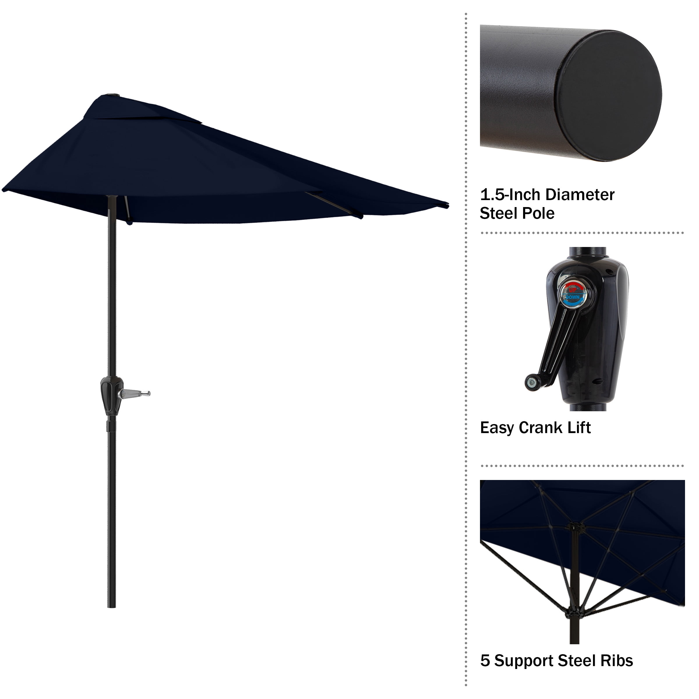 Pure Garden 9ft Half Umbrella for Balcony, Porch, or Deck, Navy Blue