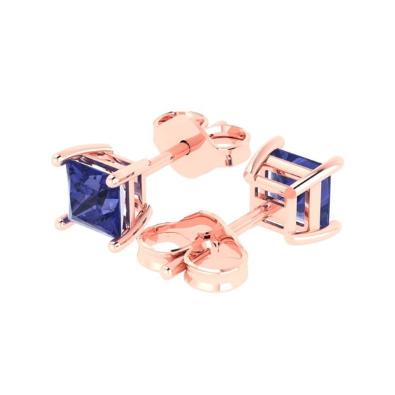 1.5 Ct Princess Cut Studs Blue Tanzanite 18K Rose Solid Solid Gold Everyday Dainty Earrings Push Back