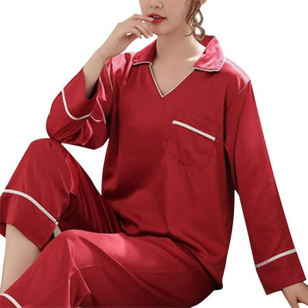 

Women Sleepwear Satin Pajamas Set Long Sleeve Tops+Long Pants Sleepwear Suit Homewear TOPOINT