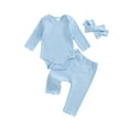 thumbnail image 2 of Musuos Baby Girls 3 Piece Basic Fall Outfit 3M 6M 12M 18M Solid Color Ribbed Long Sleeves Romper and Elastic Pants Headband Set, 2 of 9