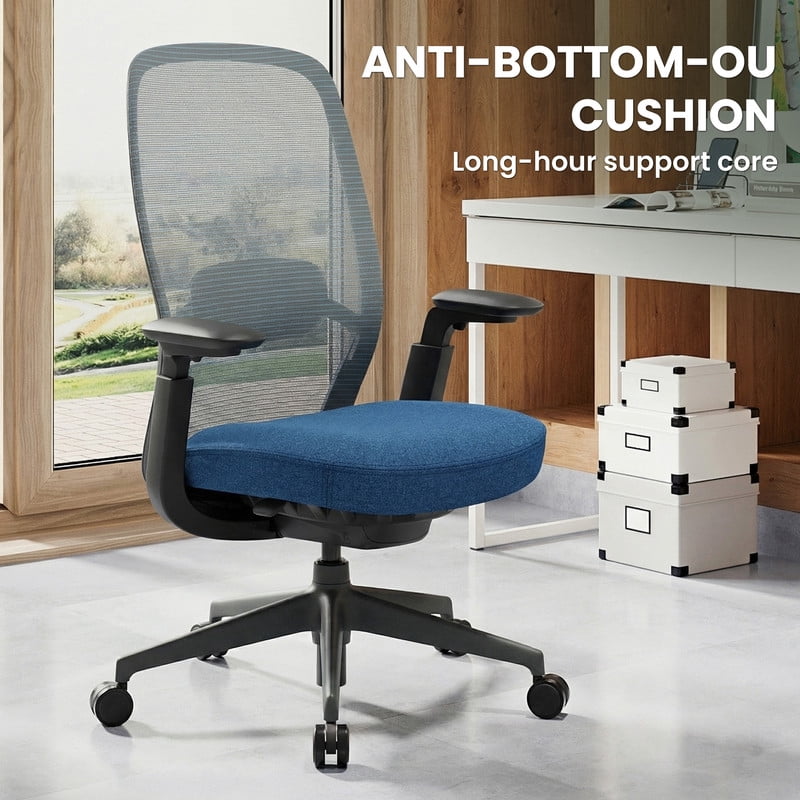 COLAMY Aether Ergonomic Mesh Office Chair, One-Touch Easy Adjust Managerial Desk Chair with Levitating Seat Cushion & Pilot-Level Sync Armrests, 300 LBS Mid Back Mesh Computer Chair, Blue
