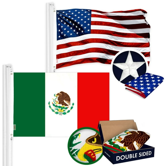G128 Combo Pack: USA American Flag 3x5 Ft Embroidered Stars & Mexico Flag 3x5 Ft Embroidered Double Sided 3ply