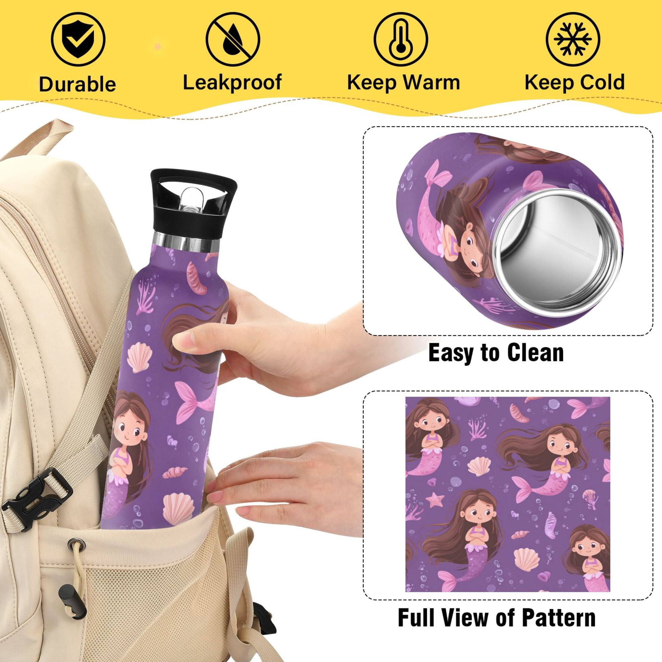 Kids Insulated Stainless Steel Sports Water Bottle 600ml (20oz) Cute Pink Mermaids