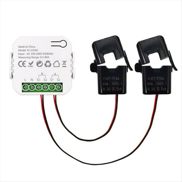 Medidor de Energía Inteligente WiFi Tuya Bidireccional con Transformador de Corriente, Monitor de Potencia de 80 A, Compatible con Alarma, 2 Canales, 2 CT