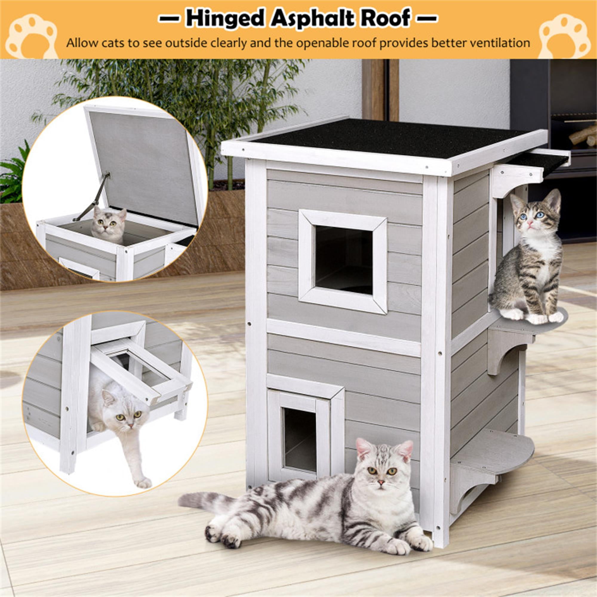 Kadyn 39" Cat House for Outdoor Cats, 2-Story Wood Cat Condo Weatherproof Cat Shelter with and Escape Door, Gray