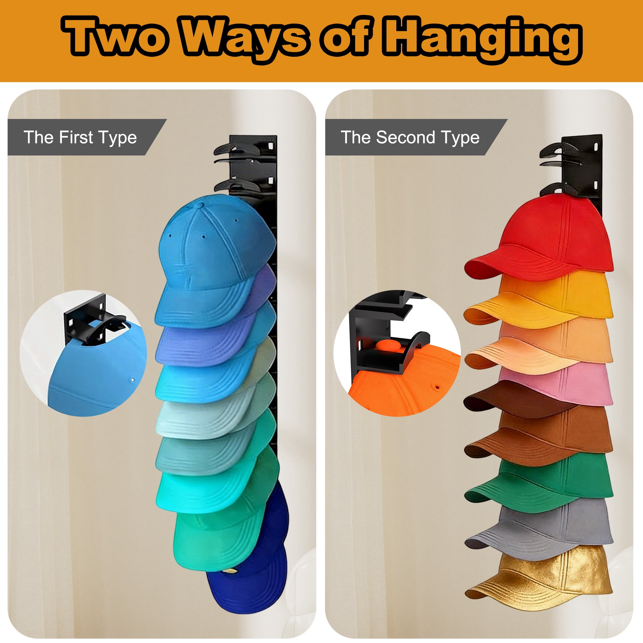 2 Pack Hat Organizer for Baseball Caps, Wall Mounted Cap Holder, No Drill Adhesive Hat Rack Organizer for Door, Closet