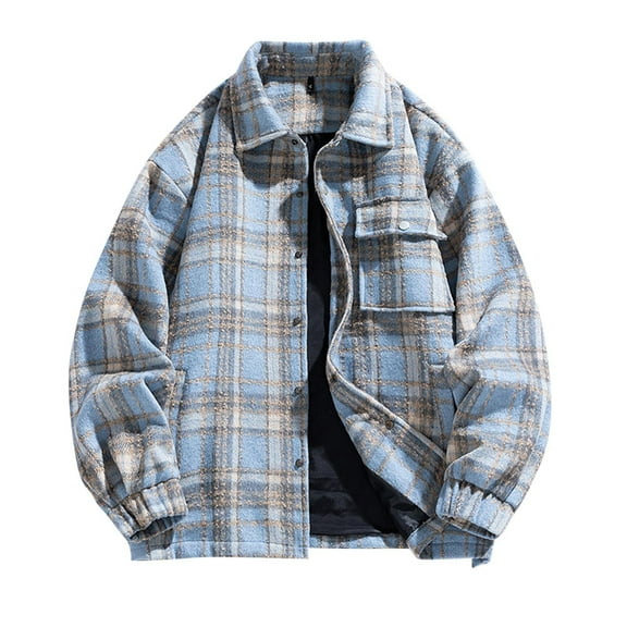 Gmluru Men's Plaid Jacket Woolen Snap Button Long Sleeved Lapel Hooded top Plaid Winter Coats